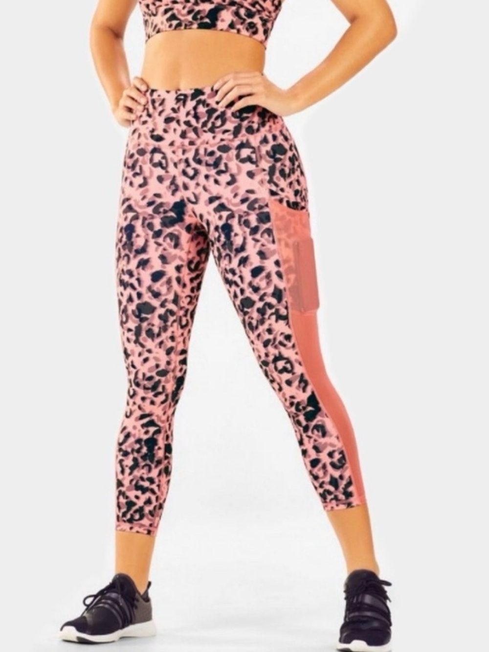 Fabletics power hold Pink Leopard Print Leggings with mesh Side Panels